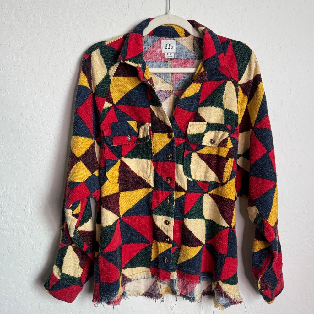 BDG Urban Outfitters Geometric Patchwork Woven Cotton Button Down Shacket XS - Picture 1 of 10